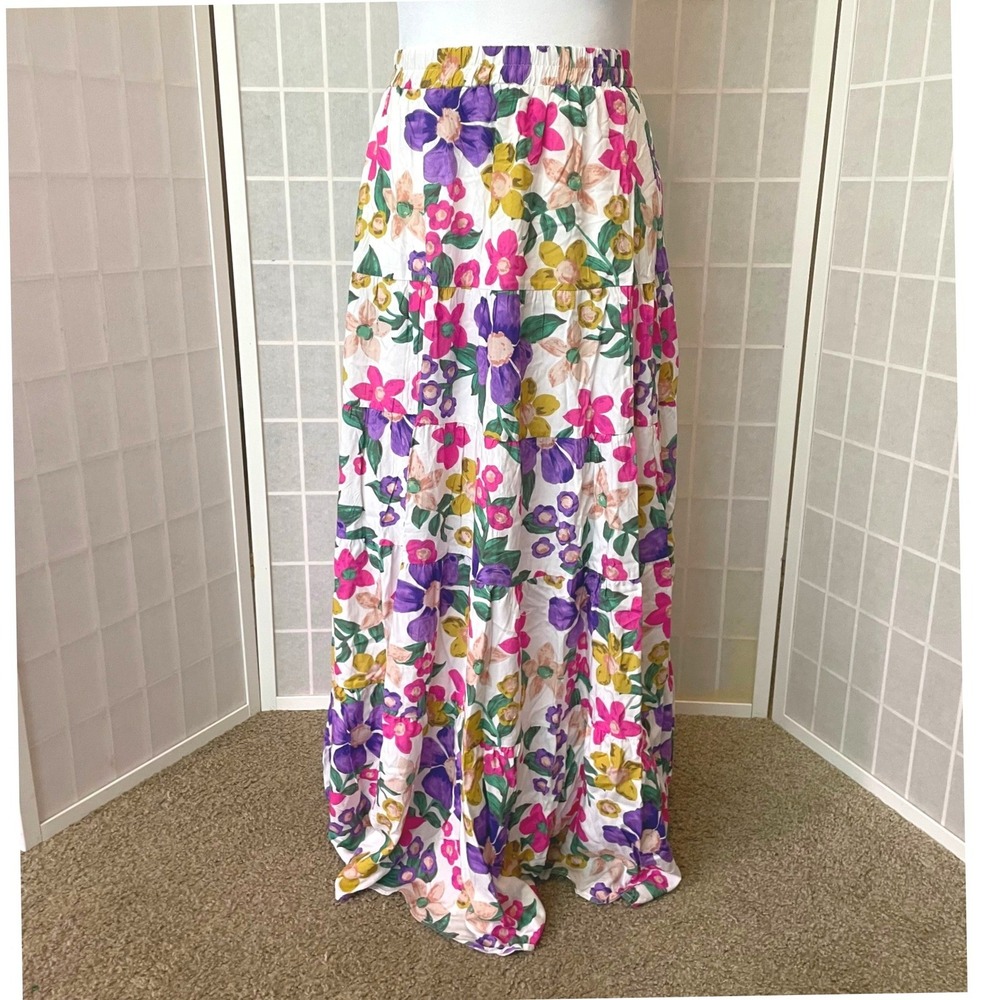 Petal Pup Floral Maxi Skirt M Tiered Boho Colorful Romantic Garden Party Cottage